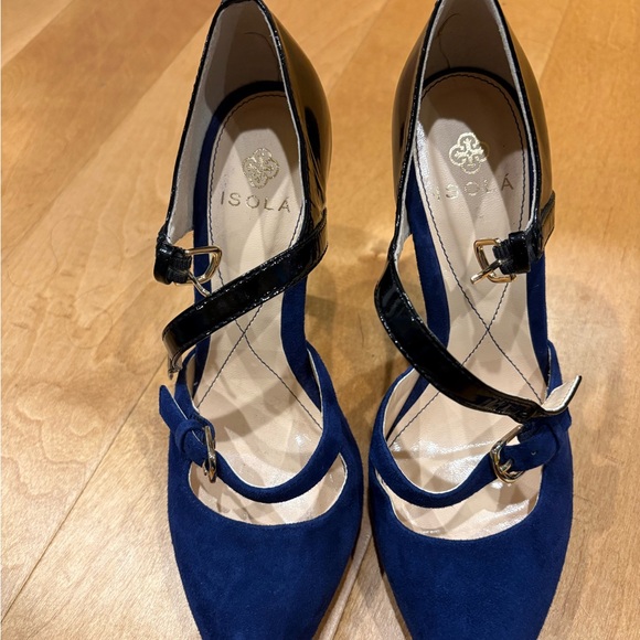 Isola Irisa Mary Jane stiletto heels shoes blue suede black patent leather 7.5 - Picture 2 of 7